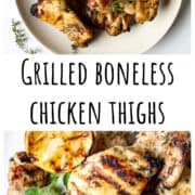 Grilled chicken pieces on a white plate.