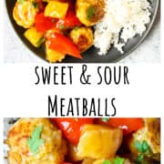 Sweet and sour meatballs on a bed of rice.