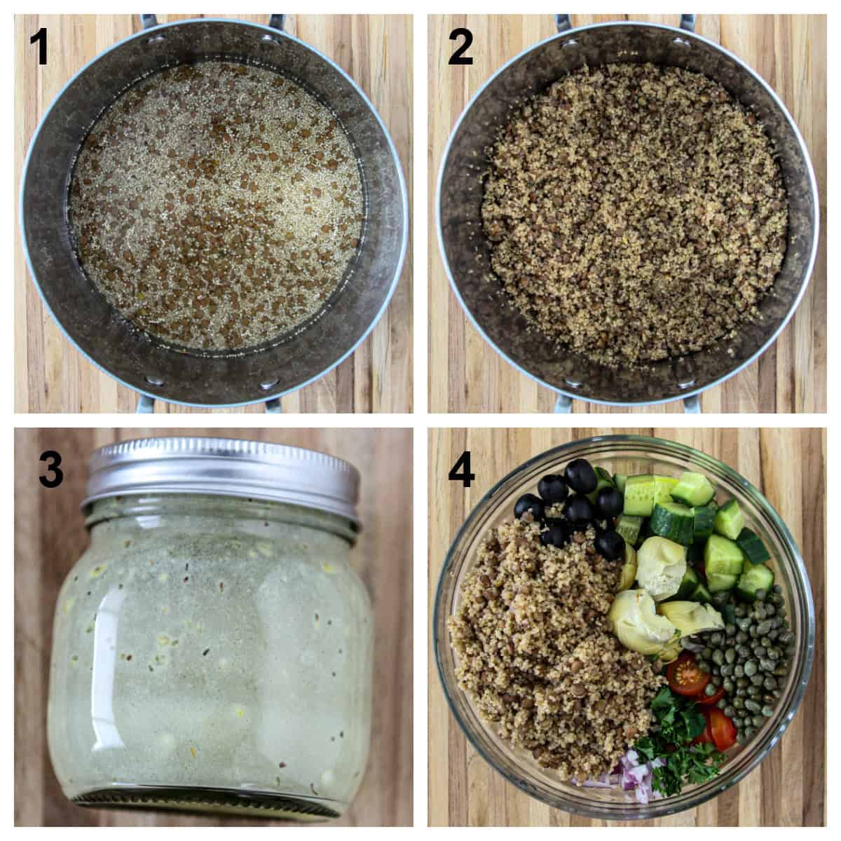 The process of making the quinoa and lentil salad.