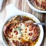 French Onion Soup in a White Bowl with a spoon