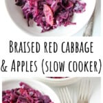 Two white bowls of slow cooked cabbage & apples.