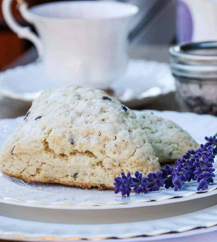 A scone on a plate, with lavender