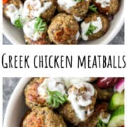 Greek chicken meatballs drizzled with tzatziki in a white bowl.