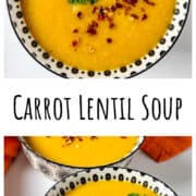 Carrot Lentil Soup in a black and white bowl.
