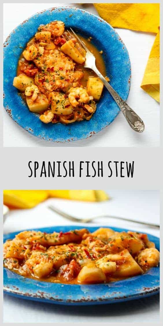 Spanish Fish Stew on a blue plate.