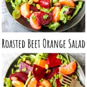 Beet and orange salad on a black plate.