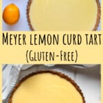 A lemon tart on a wooden table.