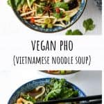 A blue and while bowl of Vietnamese Pho with black chopsticks.