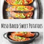 A photo of sweet potato halves on a plate, with text overlay