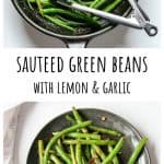 Green beans being sautéed in a cast iron skillet.