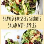 Brussels sprouts and apple salad on a black plate with a silver spoon.