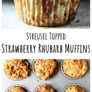 A muffin pan full of freshly baked strawberry rhubarb muffins.