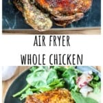 A whole roasted air fried chicken on a marble board.