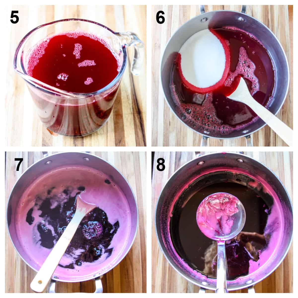 Cooking the grape juice, sugar and pectin.