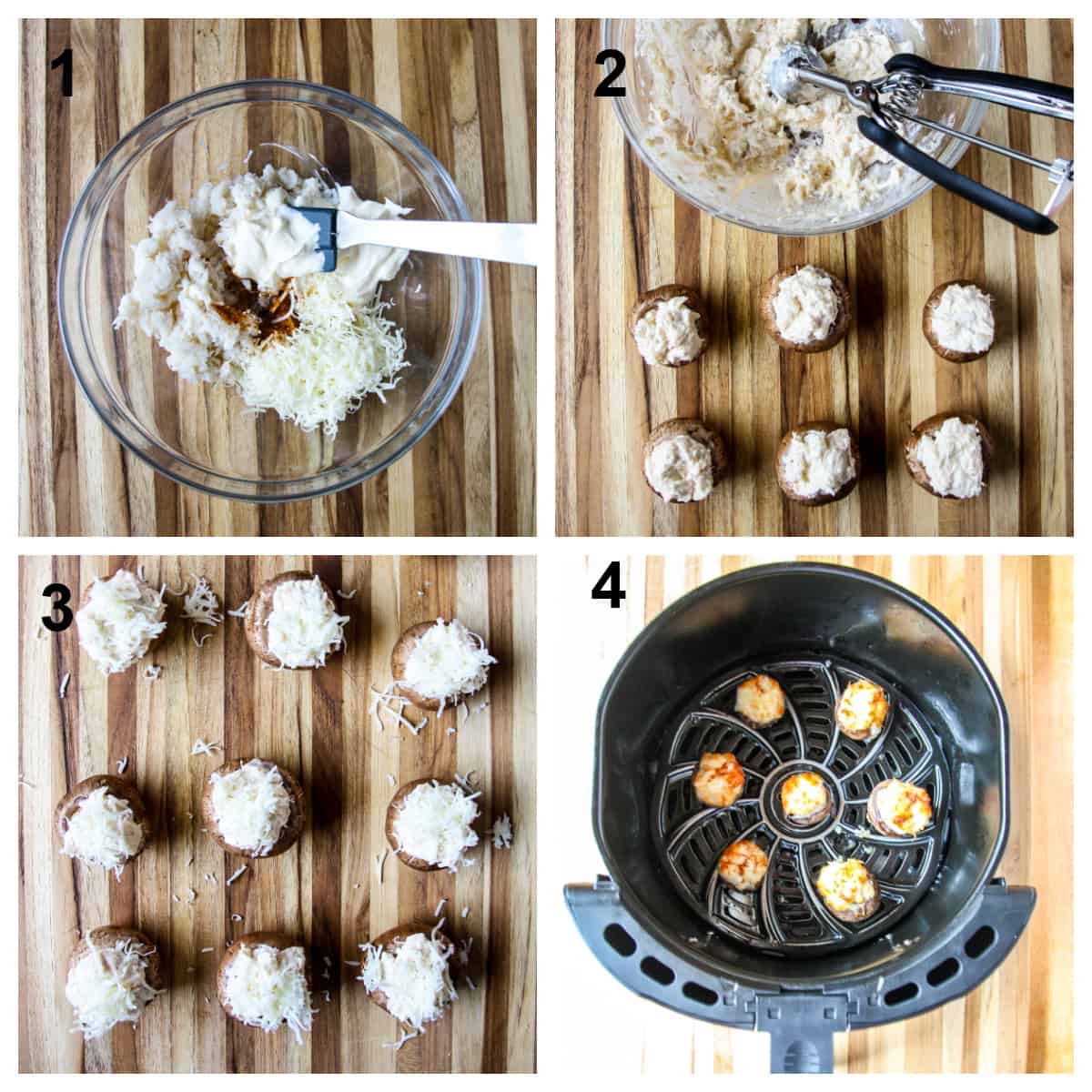 Step by photos for making air fryer stuffed mushrooms.
