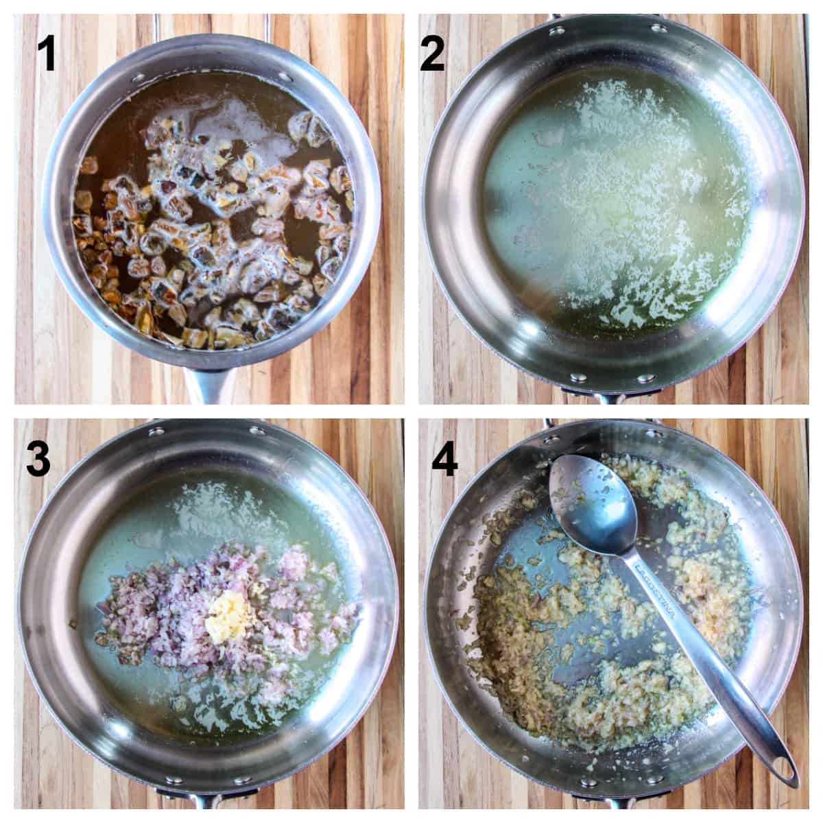 Steps 1 through 4 of the risotto being made.