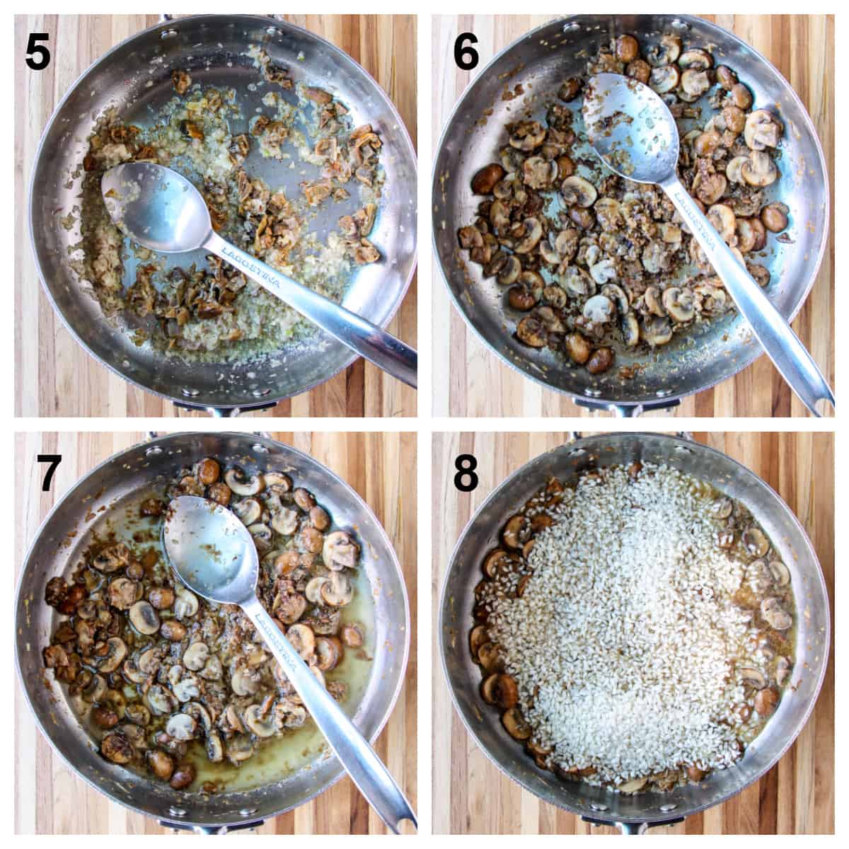 Cooking the mushrooms and adding wine and rice to the pan.