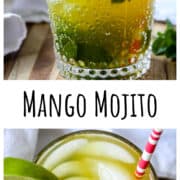 Mango mojito in a glass with ice, mint leaves and lime slices.
