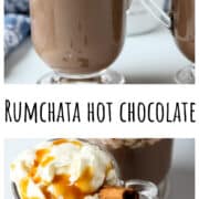 RumChata hot chocolate in two glass mugs, topped with whipped cream.