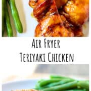Teriyaki chicken and green beans on a white plate.