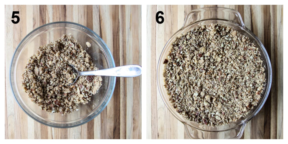 The pecan topping being mixed together and then spread on the sweet potato filling.