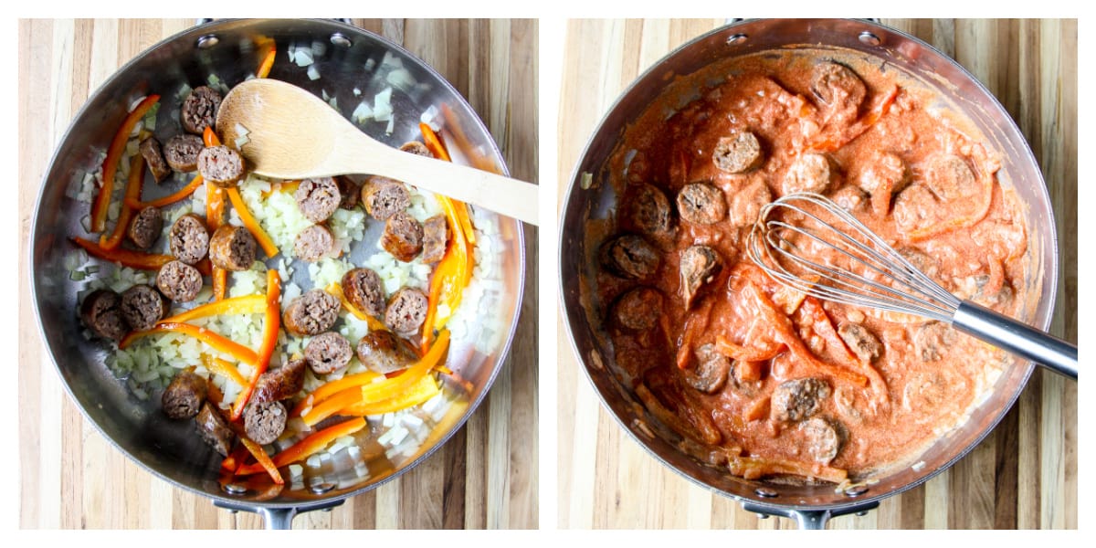 Sausage, then cream and tomato sauce being added to the skillet.