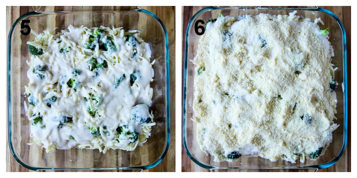 The last two steps before baking the chicken lasagna; topping with sauce and parmesan cheese.