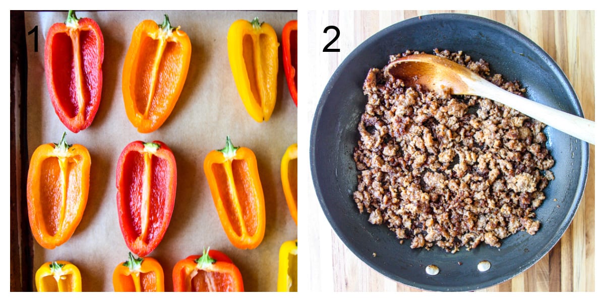 Steps 1 and 2, the peppers cut in half and the sausage being browned in a skillet.