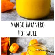 Mango habanero hot sauce in a glass jar.