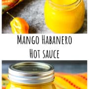 A glass jar of mango habanero hot sauce with a silver lid.