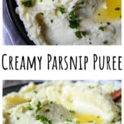 Parsnip puree, topped with melted butter in a black bowl.