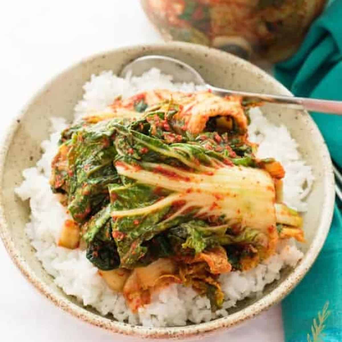 Kimchi on a bed of rice in a brown bowl.