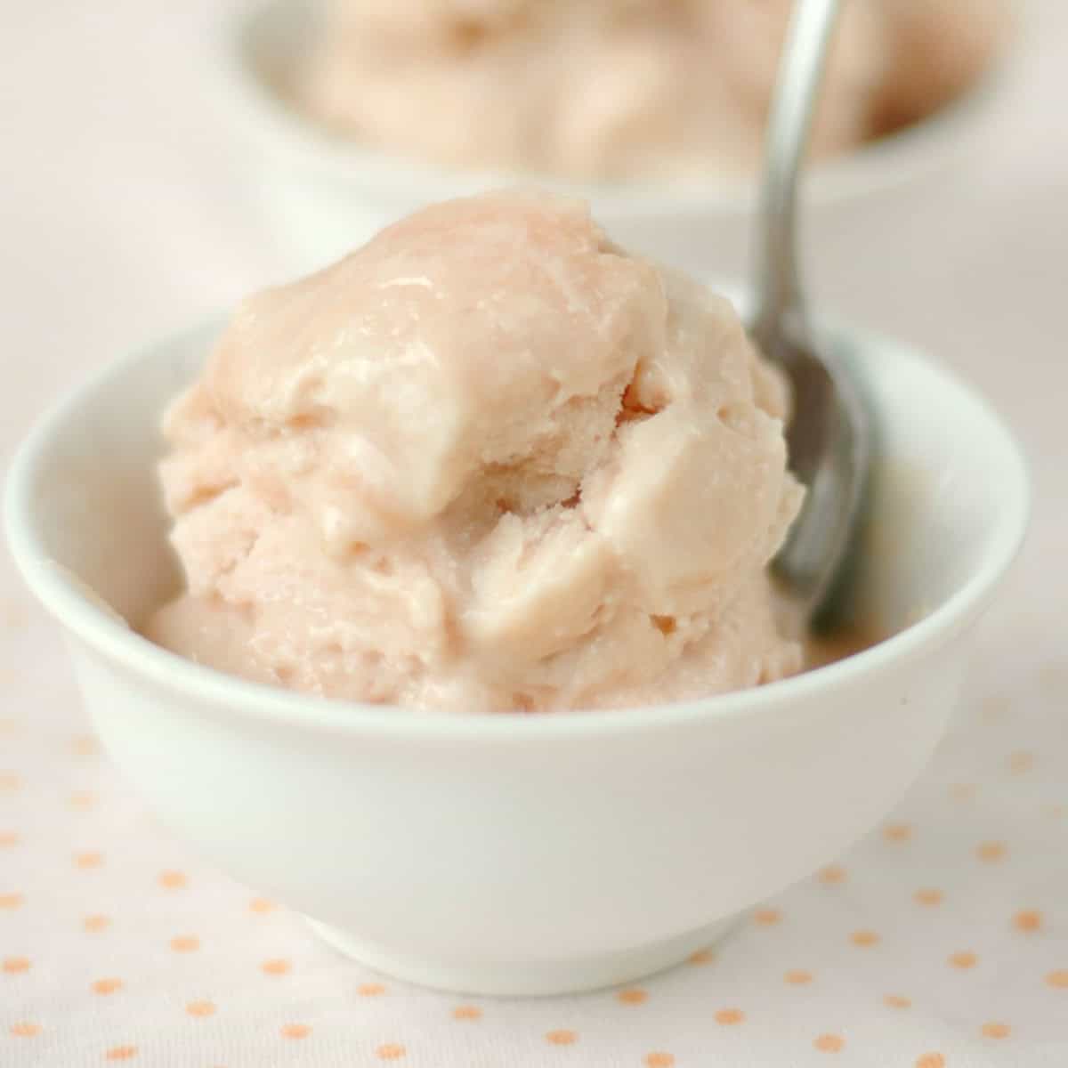 Rhubarb ice cream in a white dish.