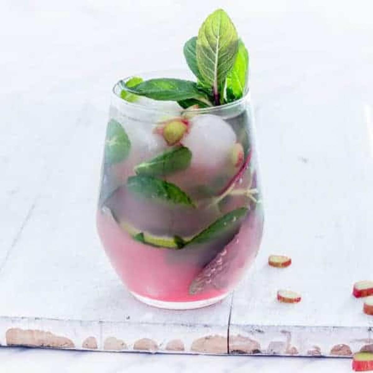 A rhubarb mojito  cocktail in a glass with mint sprigs.