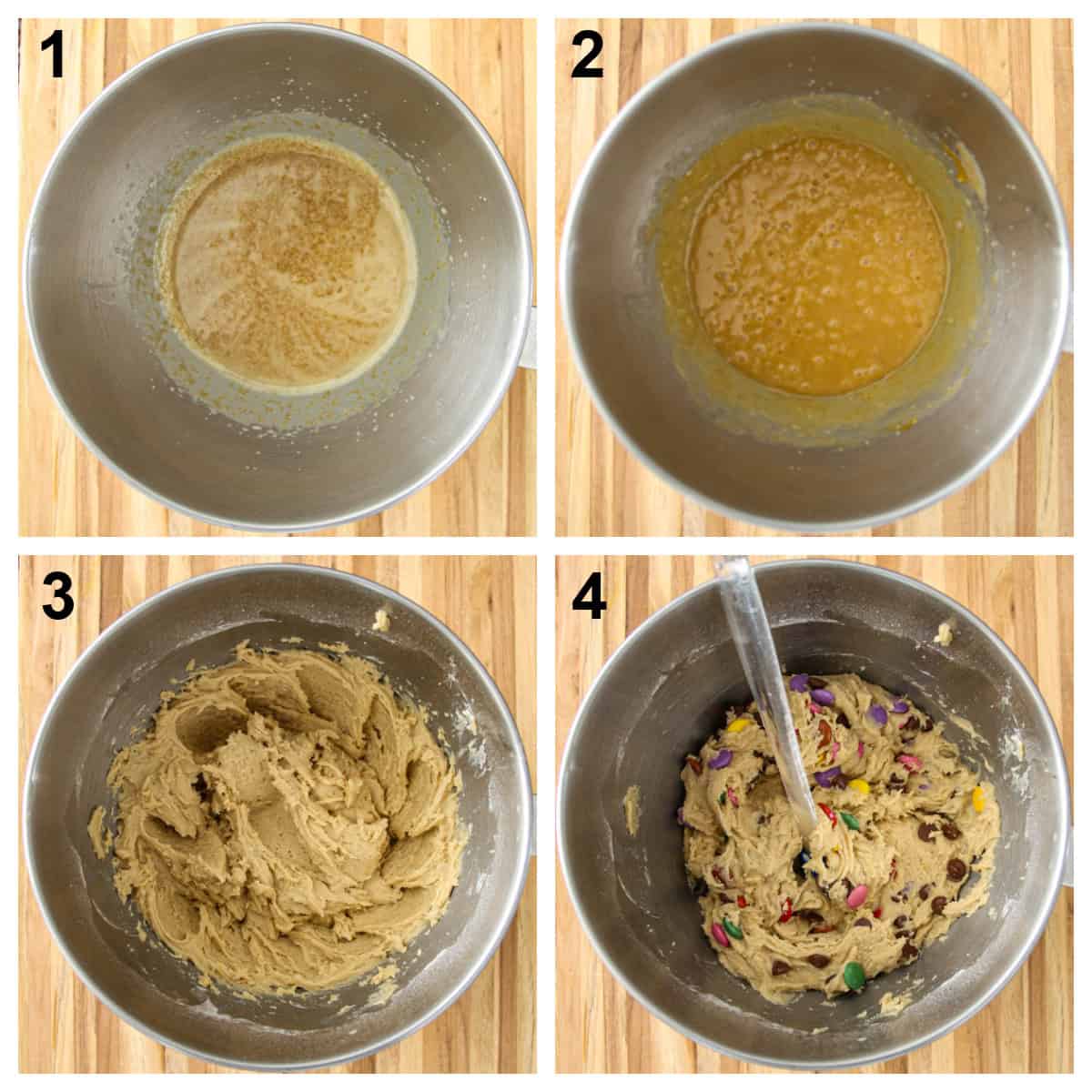 Steps in the process of making the cookie dough for Smarties cookies.