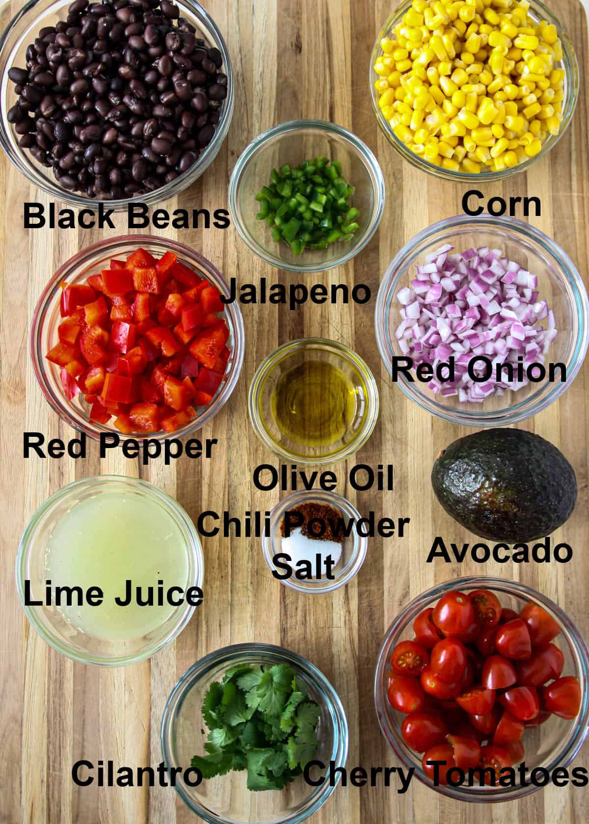 The ingredients for this recipe in glass bowls.