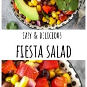 Colorful fiesta salad topped with avocado slices.