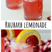 A glass of rhubarb lemonade over ice with a lemon slice.