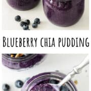 A spoon inserted into a jar of blueberry chia pudding.